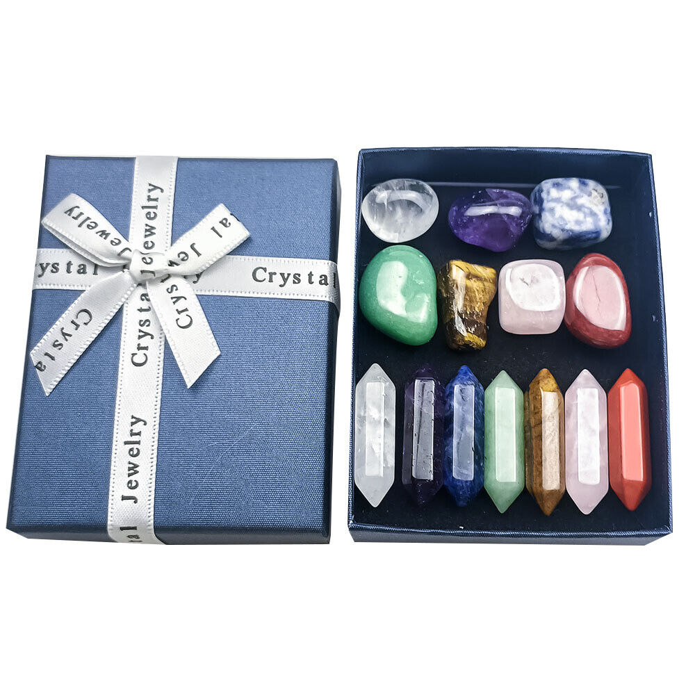 14PCS Natural Crystals and Healing Stones Set Raw Chakra Stones wands gift kit