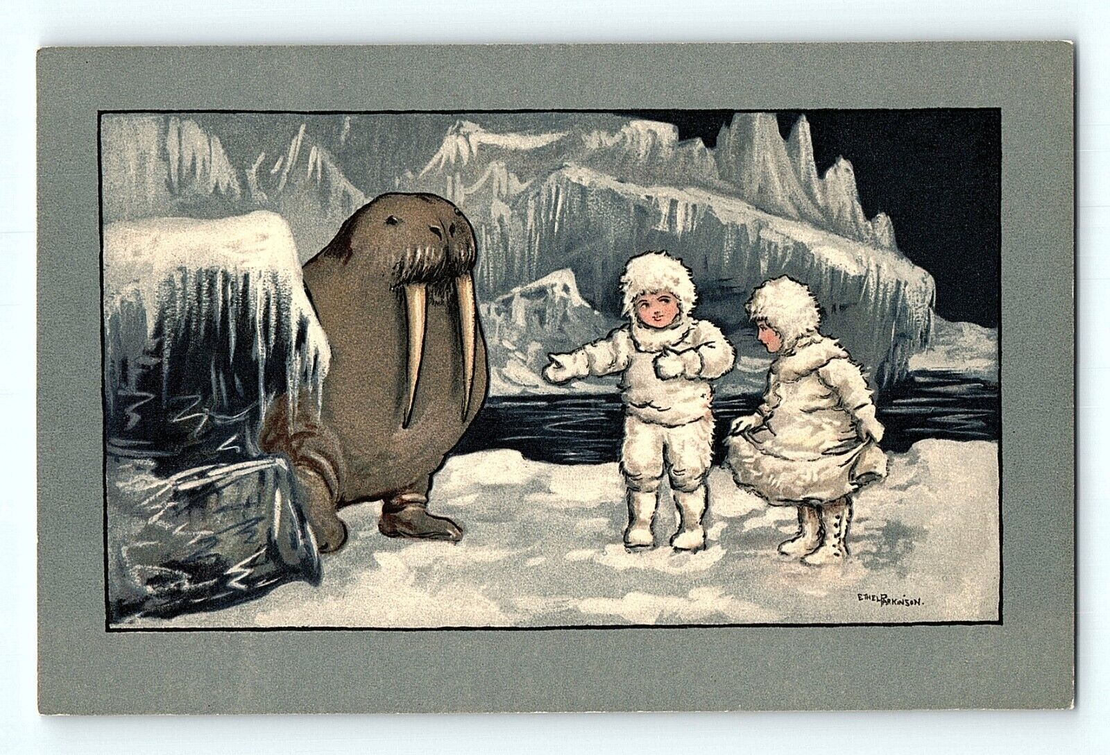 Eskimo Kids w/ Walrus Victorian Dress Night Ethel Parkinson Signed Postcard F1