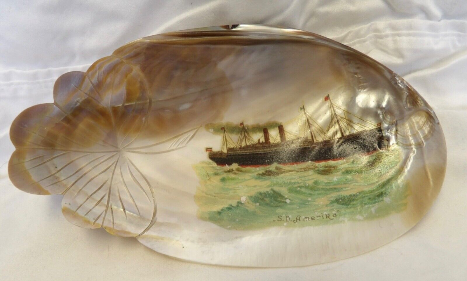 Hand Painted Clam or Oyster Shell Signed S S Amerika