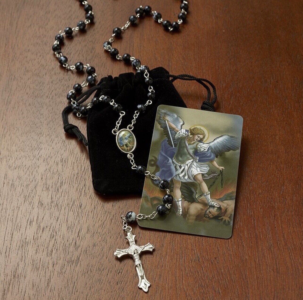 Saint St Michael The Archangel Rosary Beads, Prayer Card & Pouch / Case Catholic