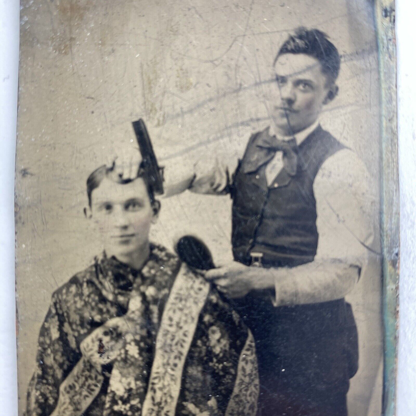 Antique Vintage Tintype Photo Barber With Man Client Comb & Brush Occupation