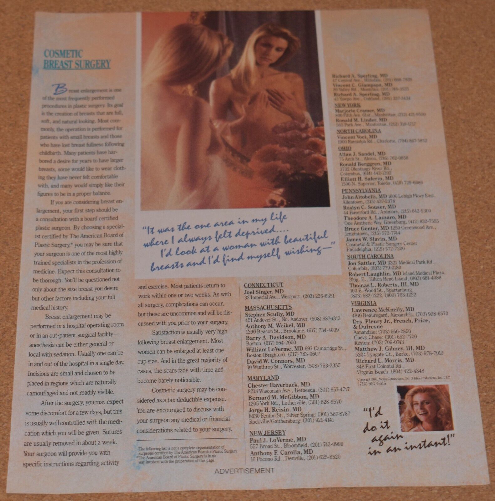 1990 Print Ad Cosmetic Breast Surgery enlargement Vincent Voci Joel Singer MD
