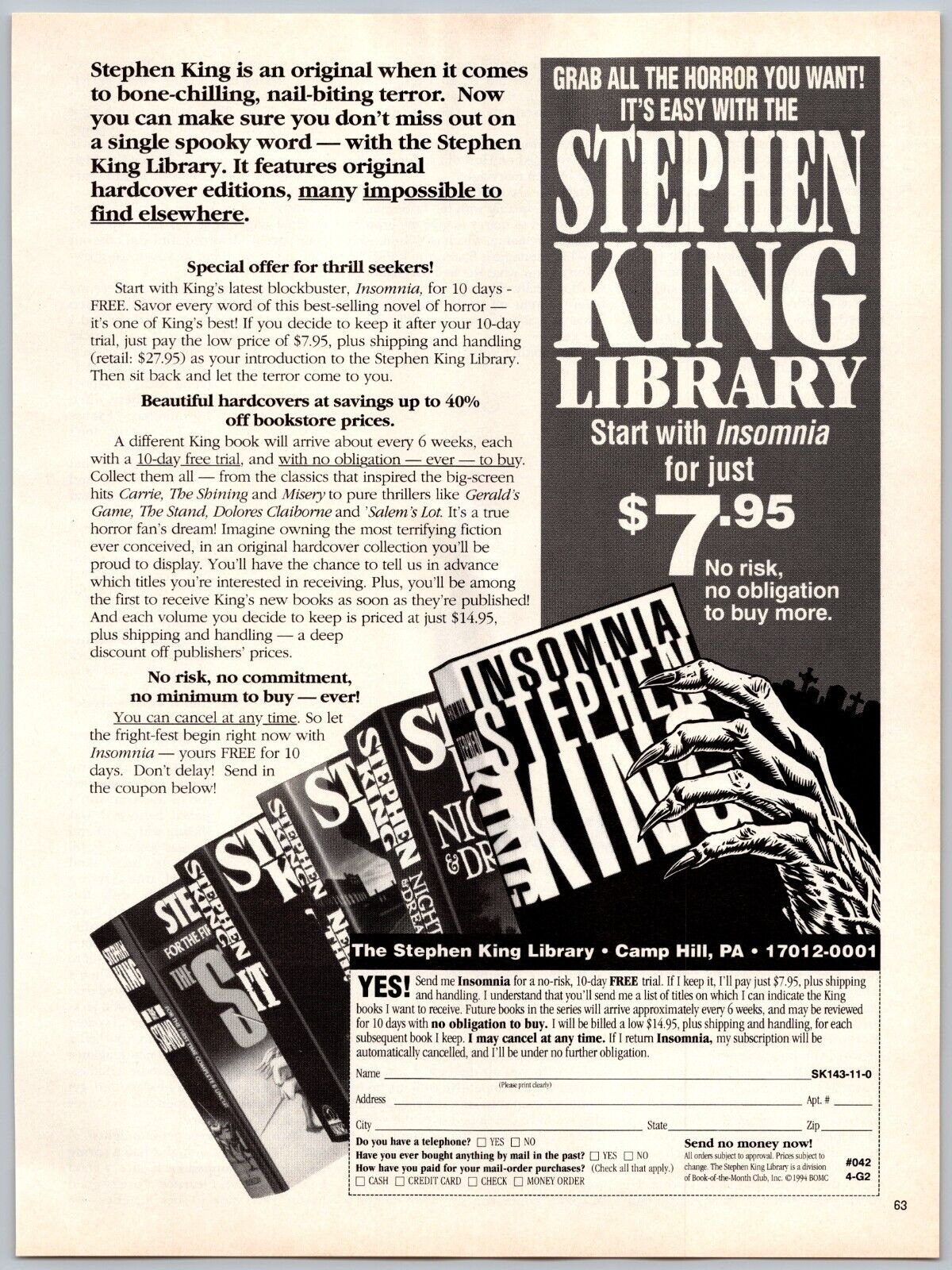 Stephen King Book Library Start With Insomnia Nov, 1994 Full Page Print Ad