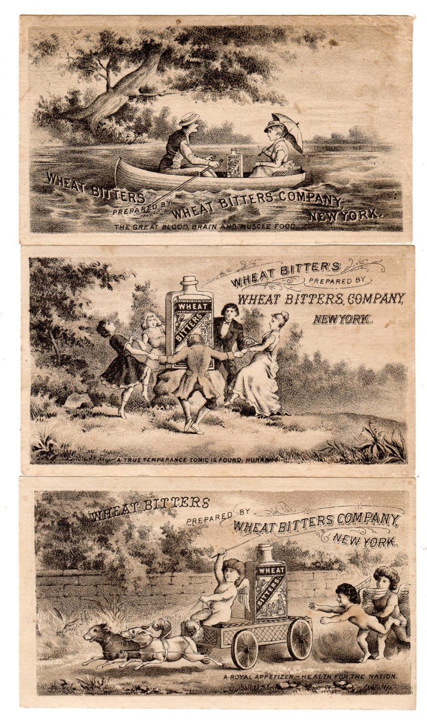 SET/3 WHEAT BITTERS*NY*TEMPERANCE TONIC*BRAIN FOOD*ROYAL APPETIZER*TRADE CARDS