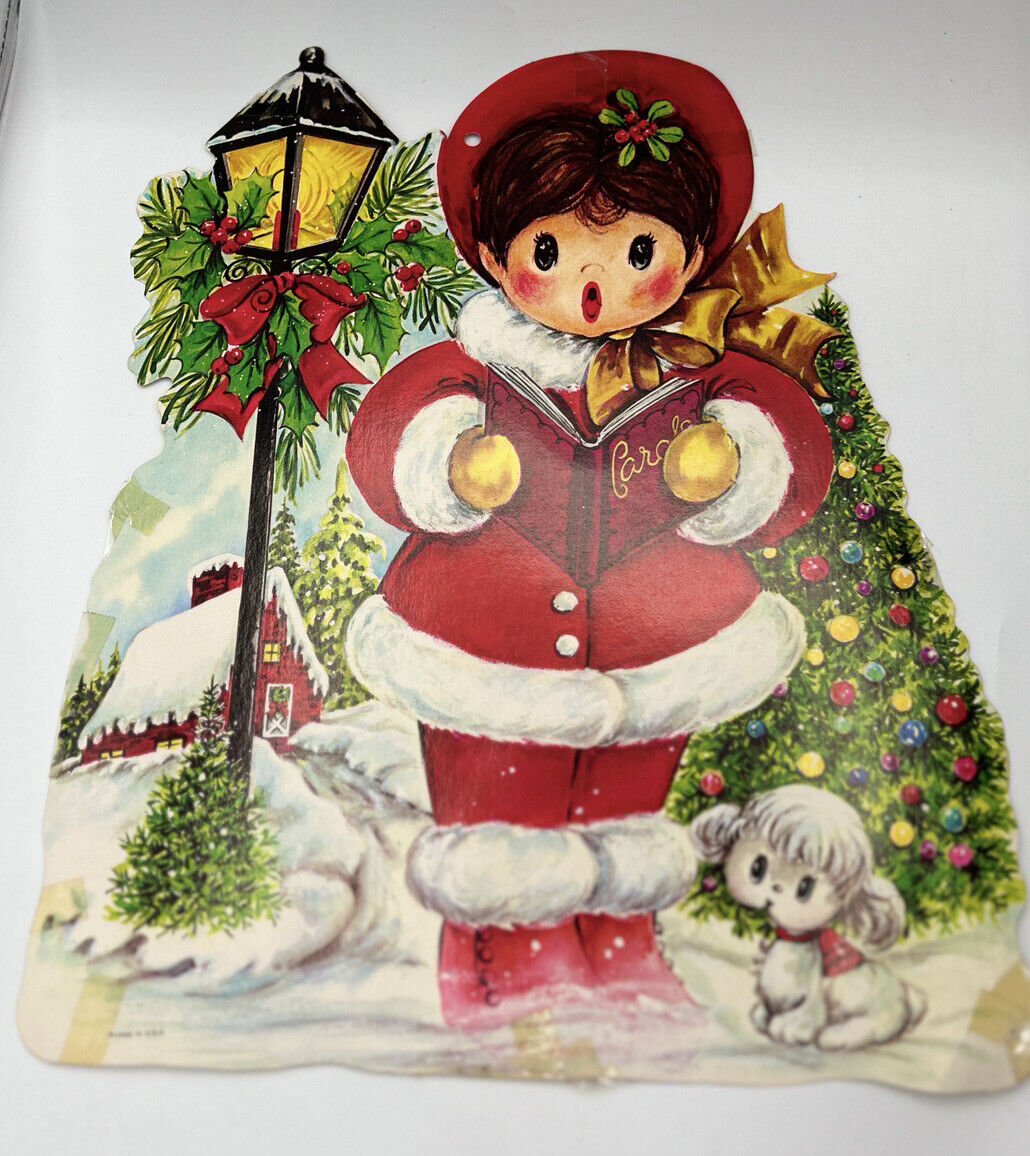 Large Double sided Christmas Die Cut: 14.5” Caroling Girl & Puppy Dog 1970’s VTG