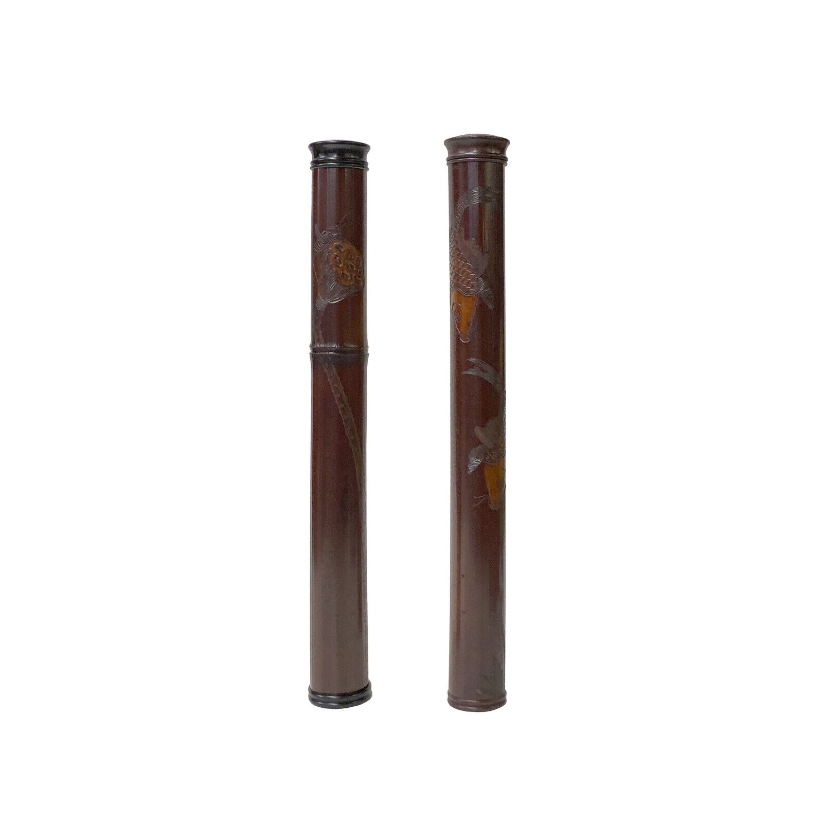 2 x Chinese Bamboo / Wood Carving Tube Incense Holder Display Art ws3179