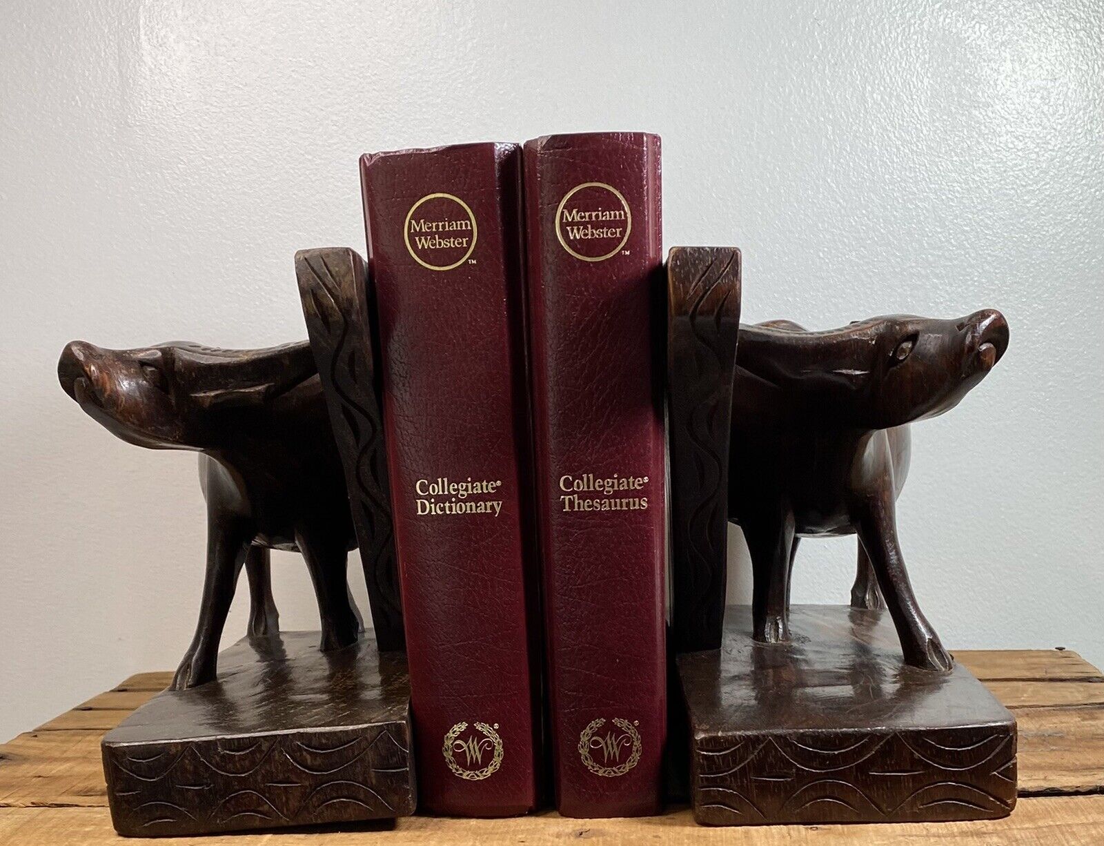 Vintage Hand Carved Wood Water Buffalo Mid-Century Bookends Father Man Cave READ