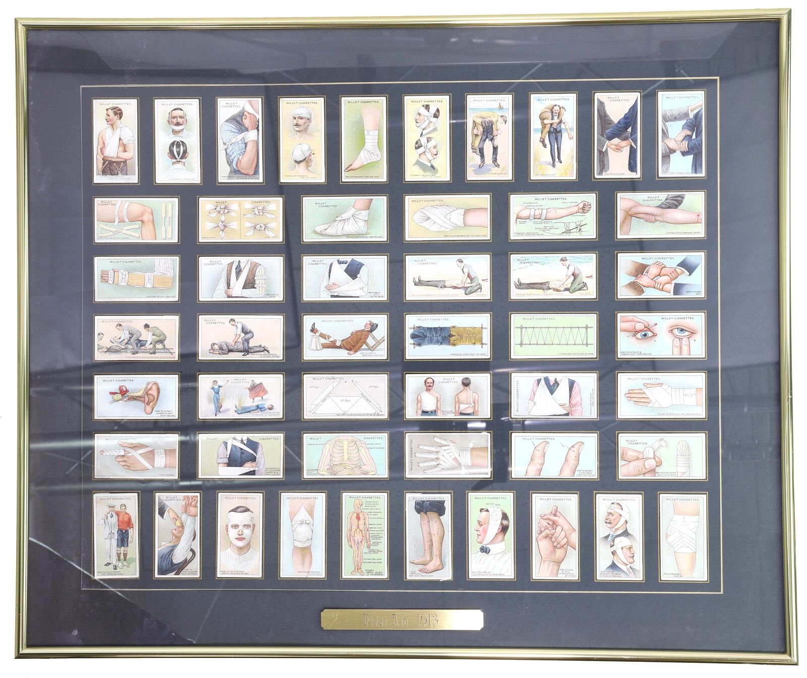 Wills's First Aid Series 1913 Medical First Aid Cards, Complete Set of 50 Framed