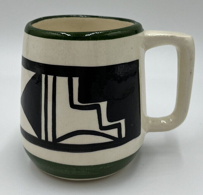 Ute Mtn Mountain Tribe Handmade Mug Inscribed Signed Vintage Green Black White