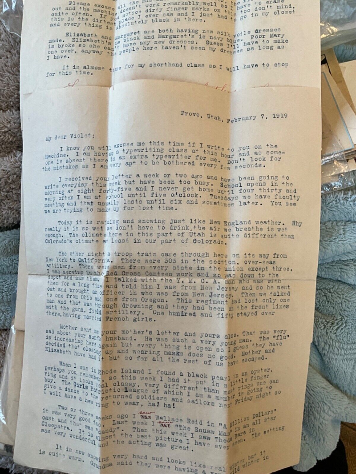 1919 Letter WWI Spanish Flu Cleopatra Movie Meeting Field Artillerary Soldiers