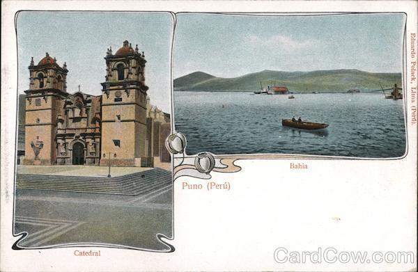 Peru Puno Cathedral and Bay Postcard Vintage Post Card