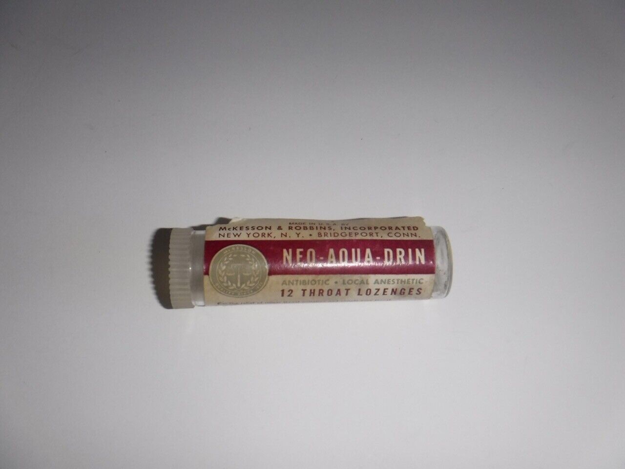 Vintage NEO-AQUA-DRIN Throat Lozenges EMPTY Bottle Antibiotic Local Anesthetic