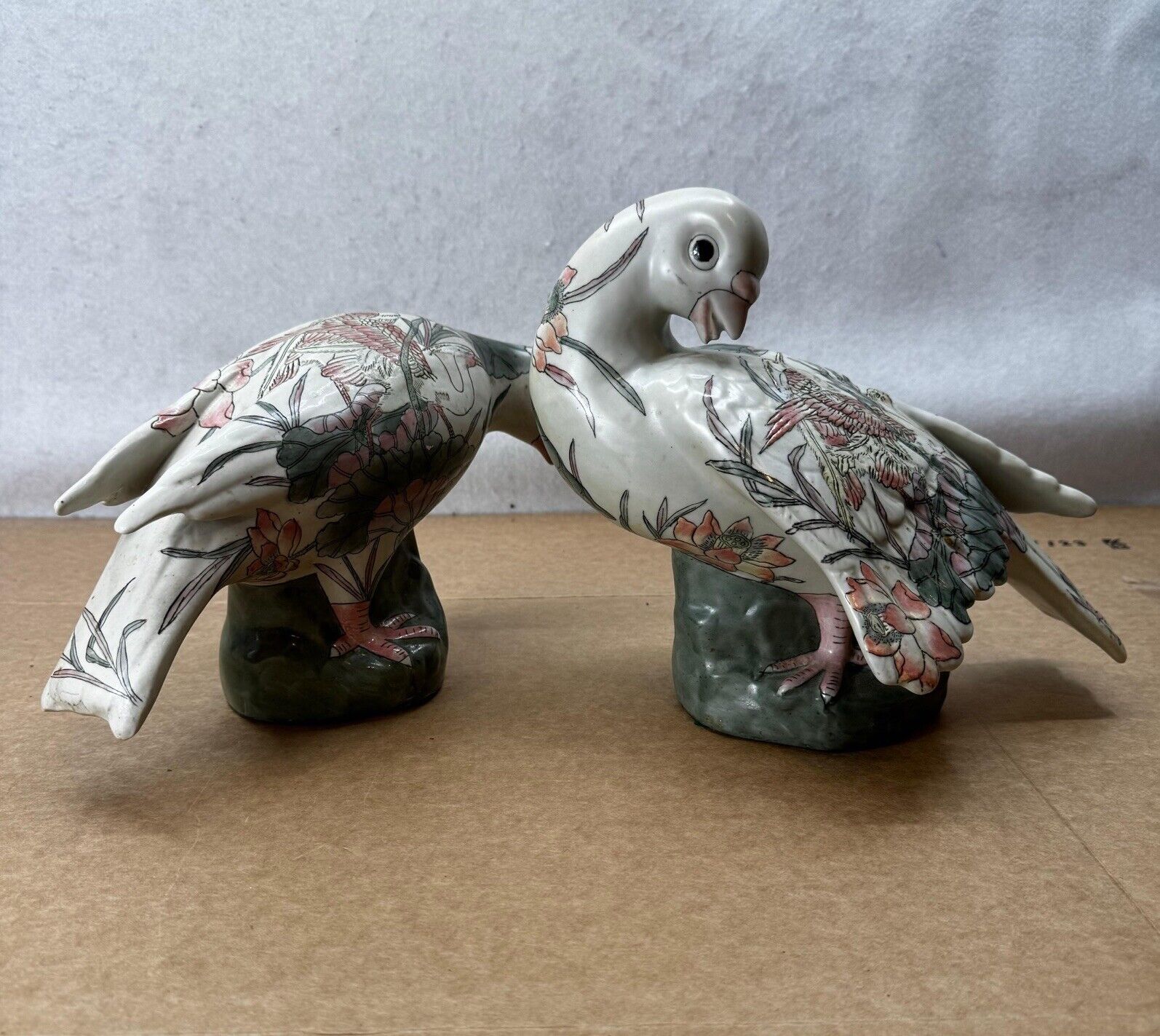 Vintage Pair of 2 Chinoiserie China Pastel Wings Dove Birds Figures Ceramic