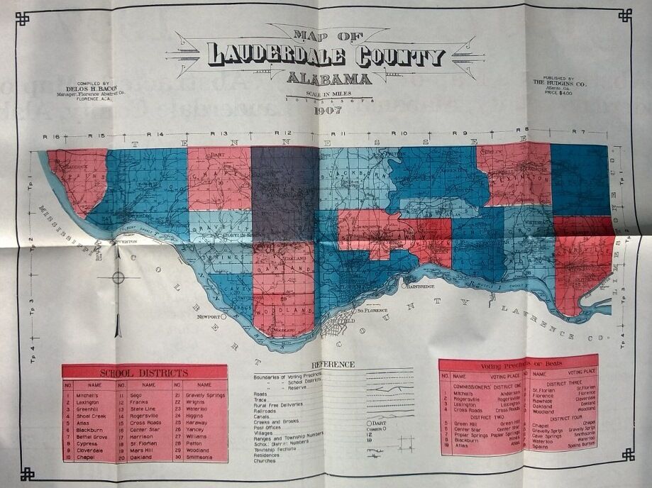 1907 Map of Lauderdale County Alabama Florence Rogersville Killen Lexington