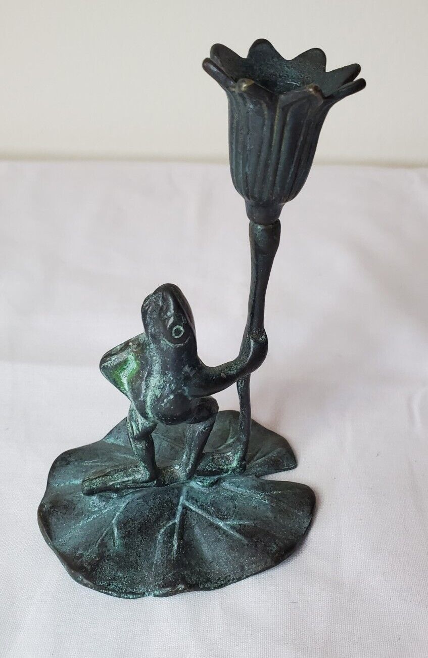 Vintage Russ Berrie & Co FROG on LILY PAD Metal Candlestick Holder Candle