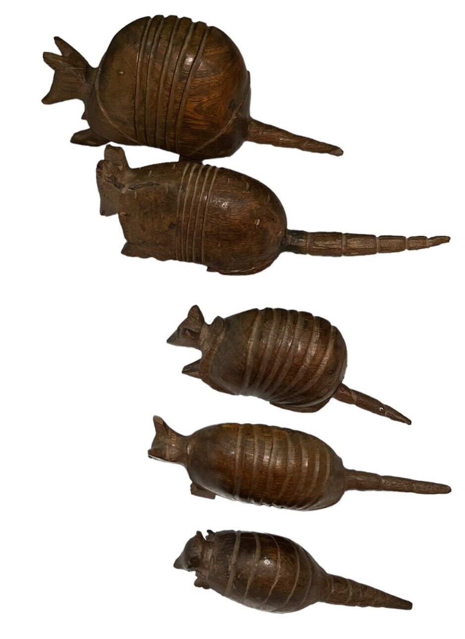 Vintage MCM Solid Ironwood Hand Carved Texas Armadillo Family of 5