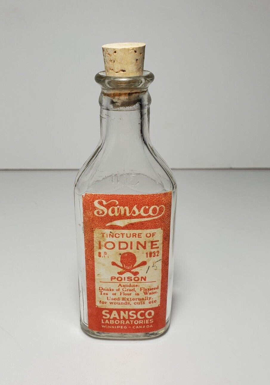 Sansco Tincture Of Iodine Medicine Bottle Vintage Canada