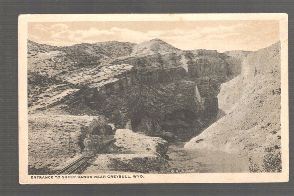 Railroad Postcard:  Train at Sheep Canyon Near Greybull, WY - 1920's