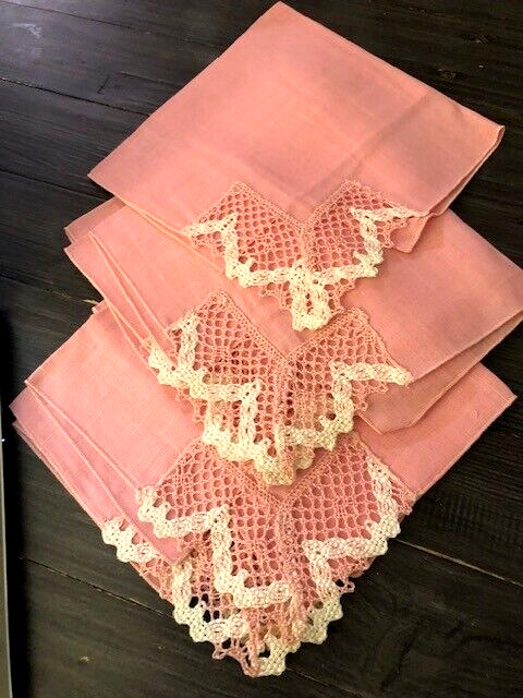 Set of 7 Vintage Pink Dinner Napkins Cotton Linen with Crocheted Edge
