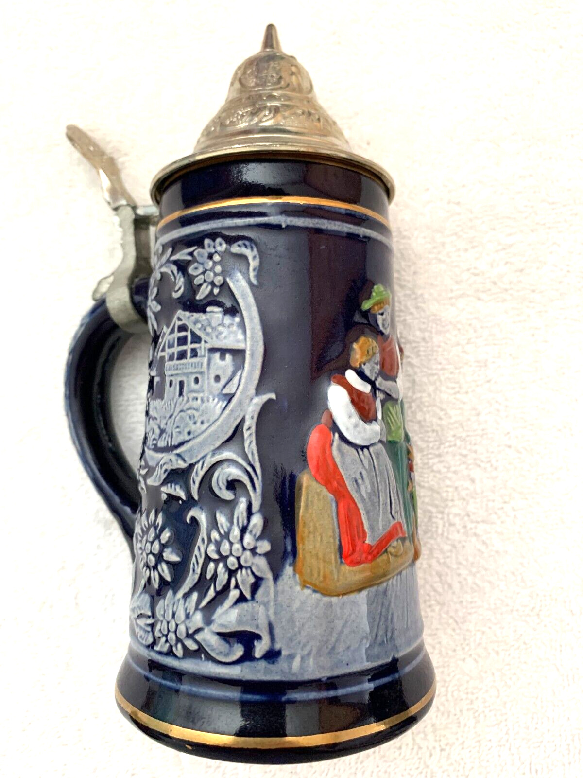 Vintage DBGM Engraved German Beer Stein with Pewter Lid Blue Musician Scene 7 IN