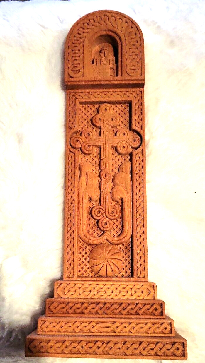 RARE Vintage Khachkar Armenian  Hand Carved Wood signed 12 in h 5 in w 
