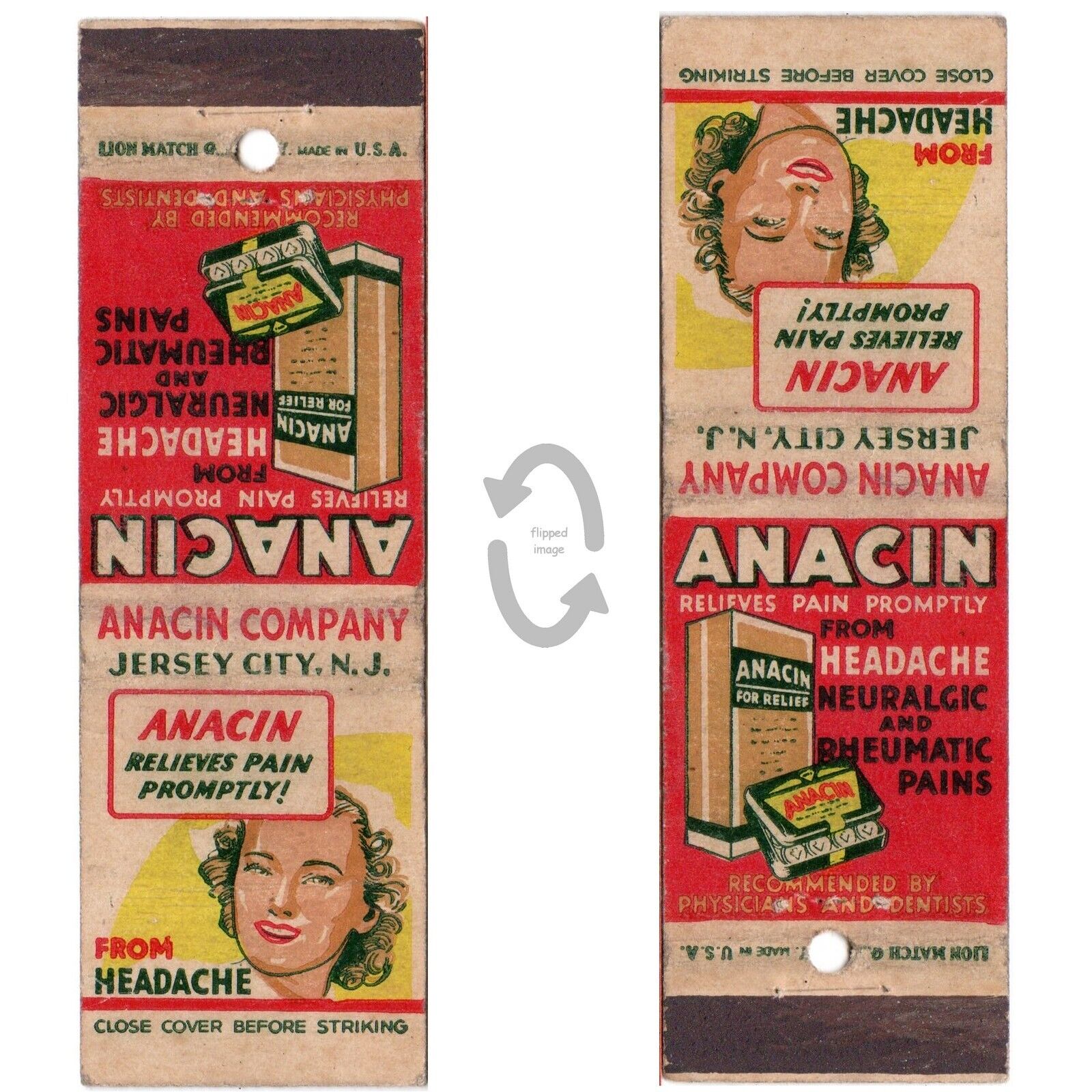 Vintage Matchbook Cover Anacin Company Jersey City NJ 1930s drug store medical