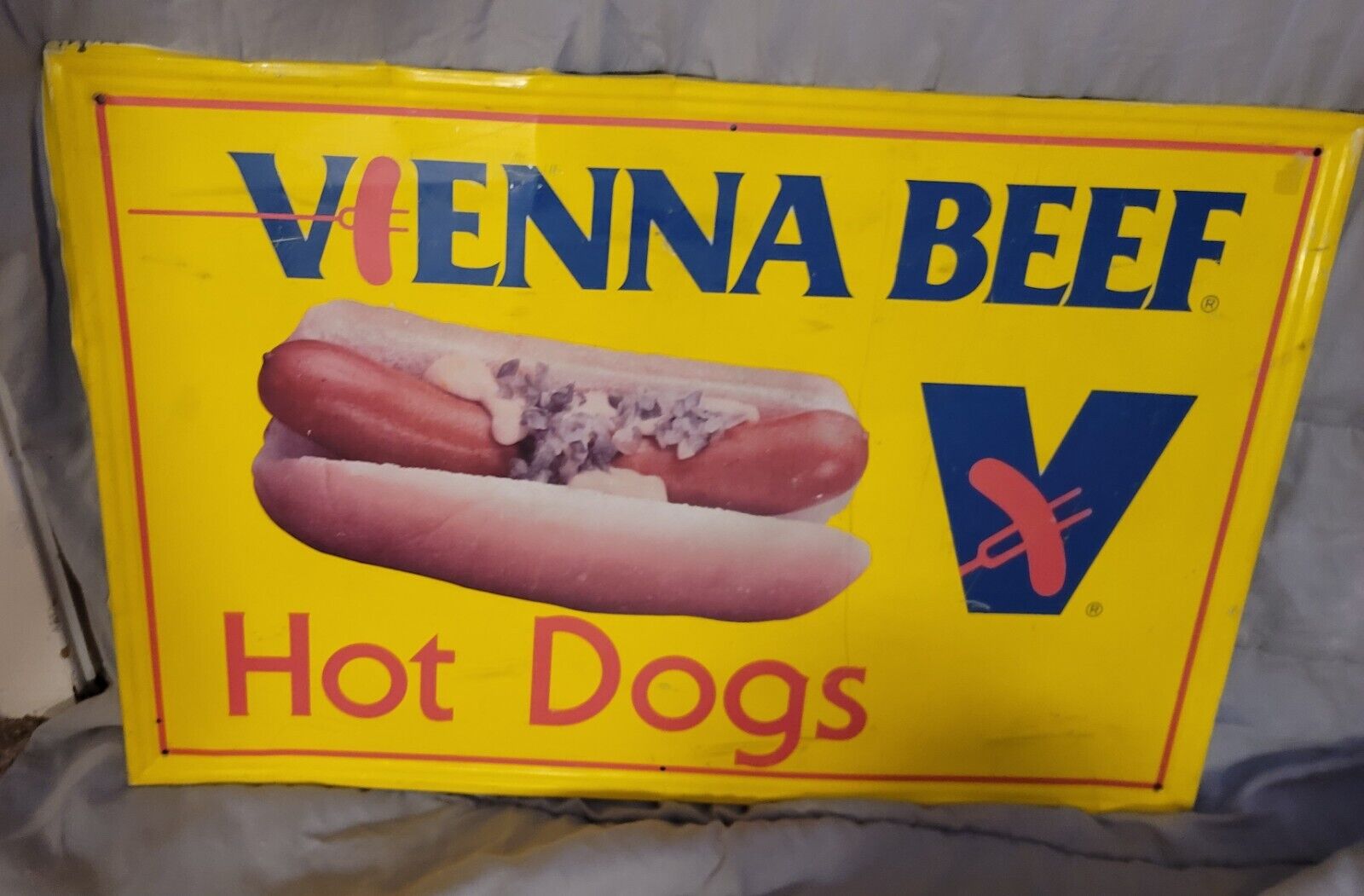 Vintage Original Vienna Beef “ Hot Dogs” Metal Food Advertising Sign 35” x 23”