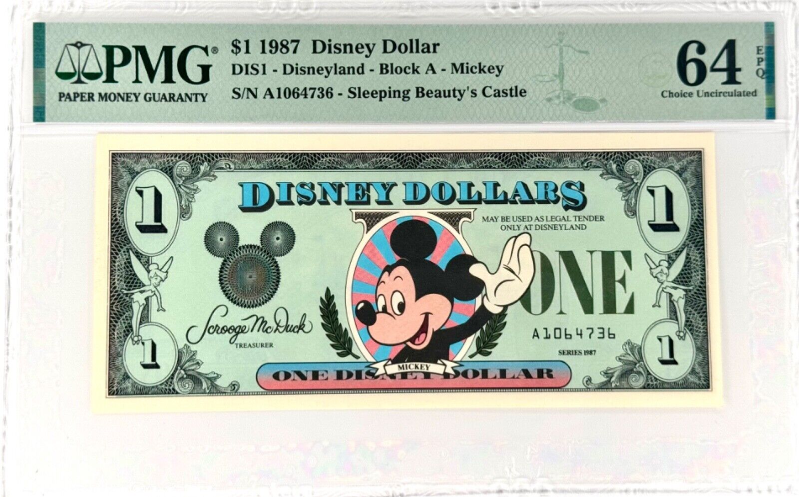 3 Sequential 1987 $1 Disney Dollar 1st Run with Error PMG64 (S/N 722, 723, 724)