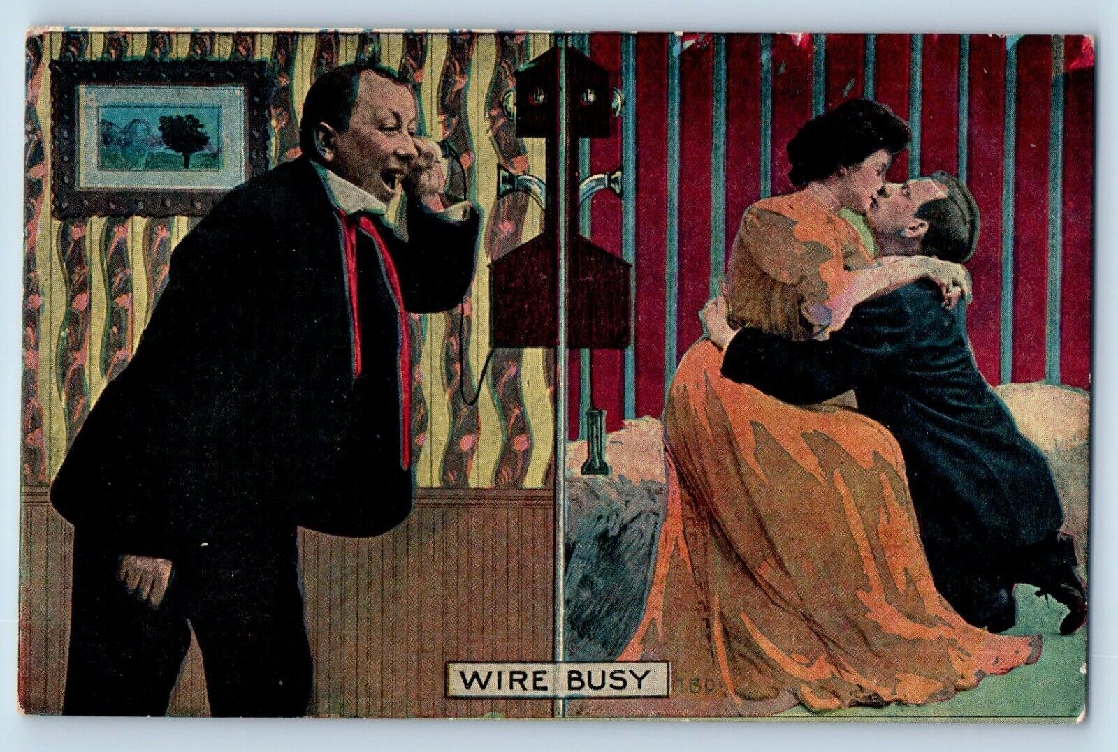 Cheating Romance Postcard Husband Calling Telephone Wire Busy c1910\'s Antique