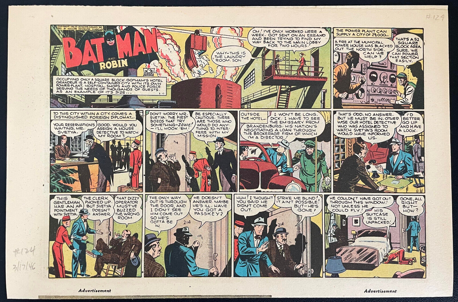 RARE - BATMAN & ROBIN - Sunday Page #124 - 3/17/1946 - BOB KANE - Half Page