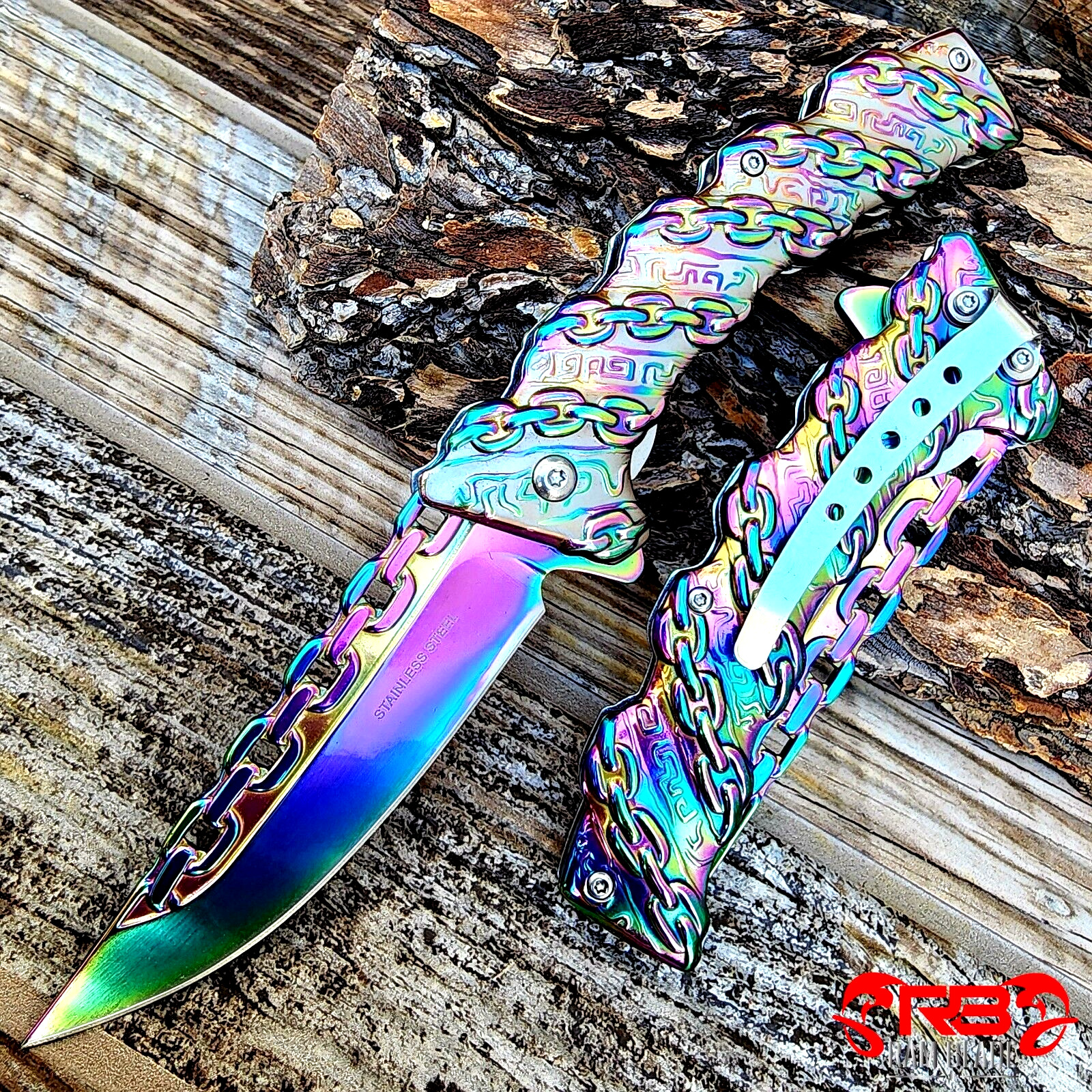 8” Rainbow Chain Tactical Spring Assisted Open Blade Folding Pocket Knife EDC