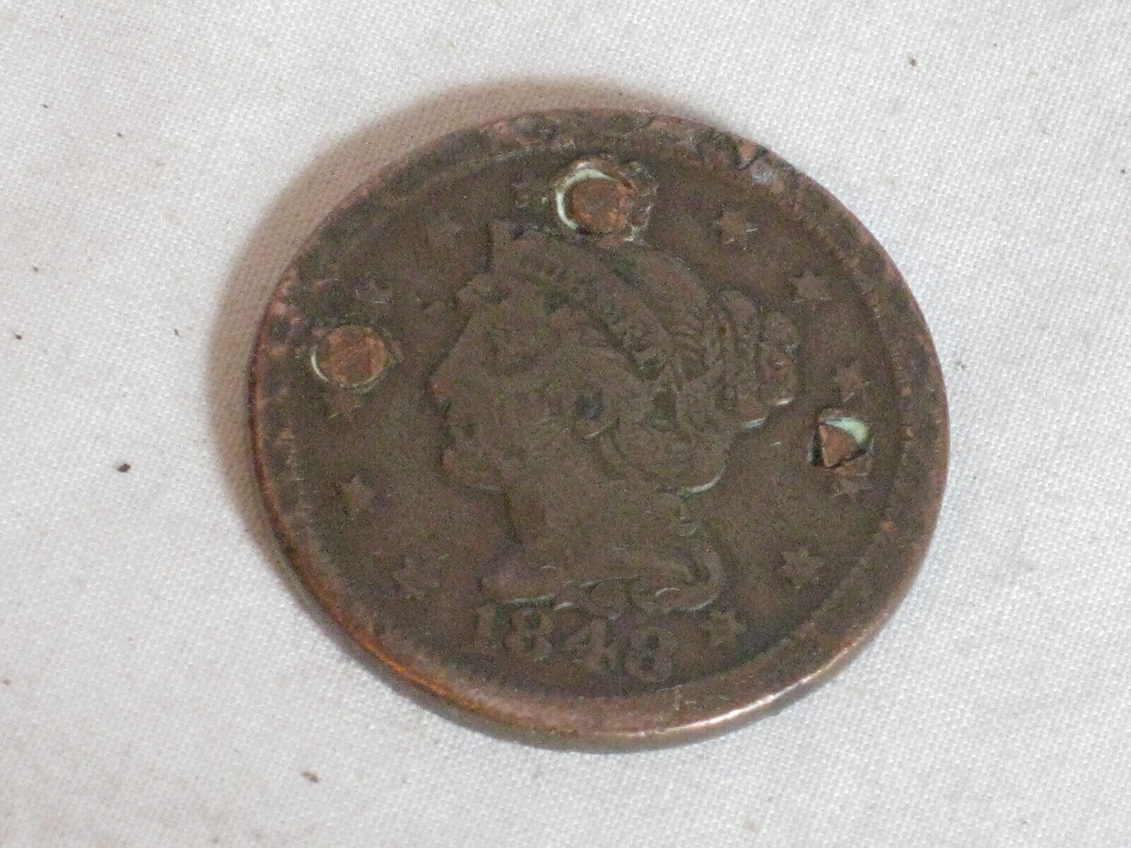 1848 antique large penny braided hair one cent United States of America * holed?