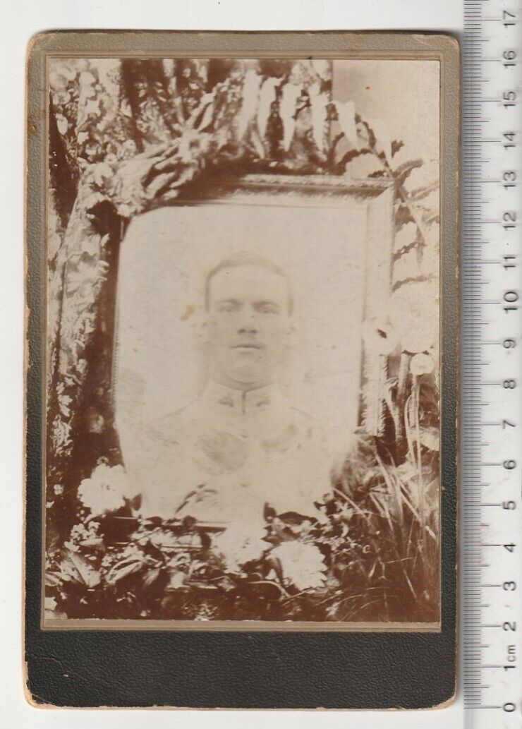 Vtg 1927 Cabinet Card Photo Of A Photo Of A Military Soldier Dahlias Flowers Man