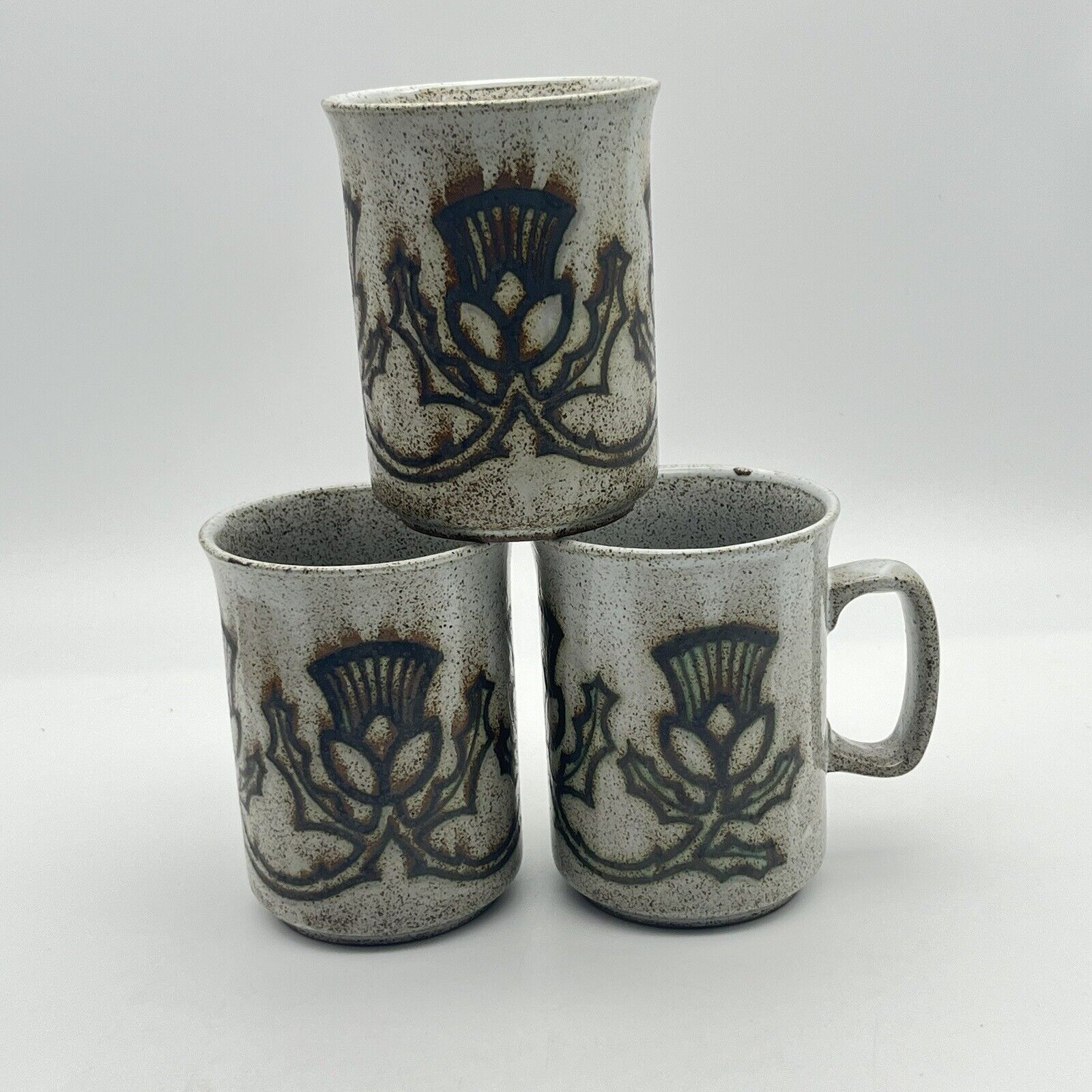 Vintage Dunoon Ceramics Stoneware Mugs Thistle Flower Made in Scotland Lot Set/3