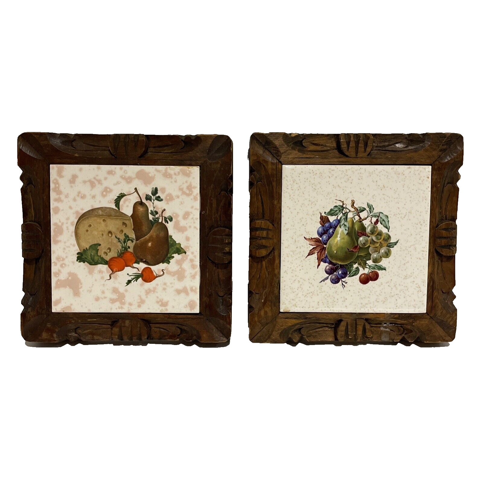 Vintage Dal-Tile Mexico Trivets Set of 2 Hand Carved Wood Frames Kitchen Fruit
