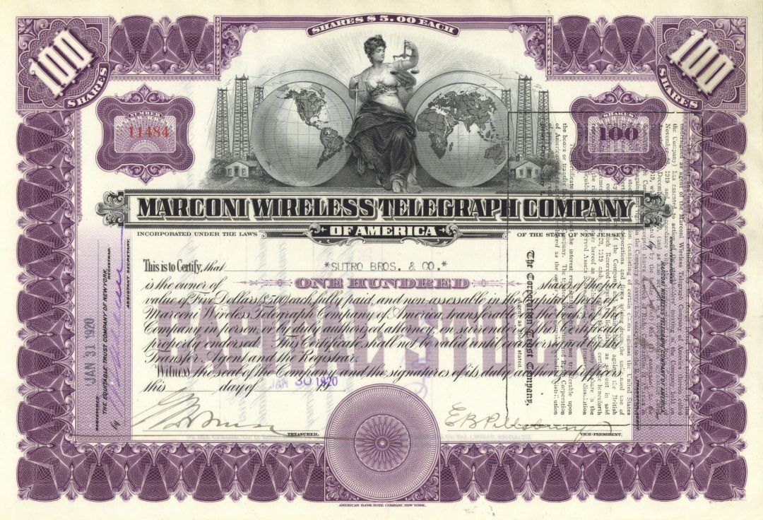 Marconi Wireless Telegraph Co. of America (Uncanceled) - 1920's Purple 100 Share