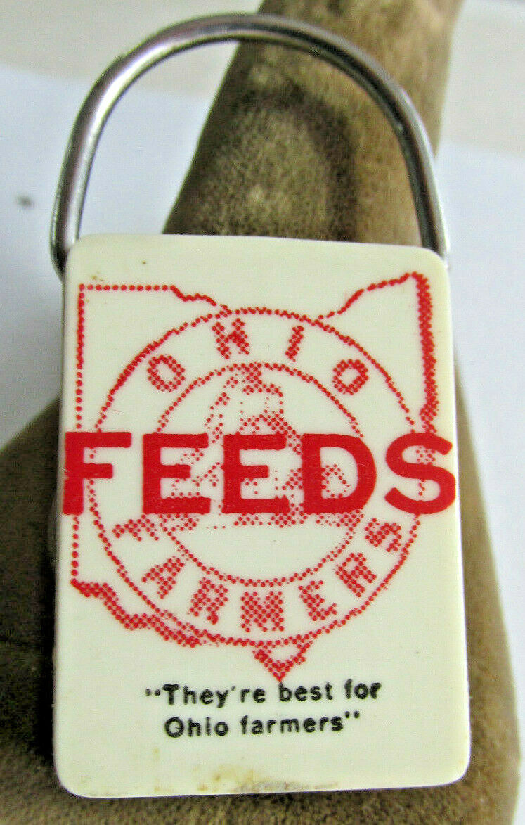1959 OHIO FARMERS NEW FEED PLANT Advertising Keychain, Hard Plastic Ag, Farming