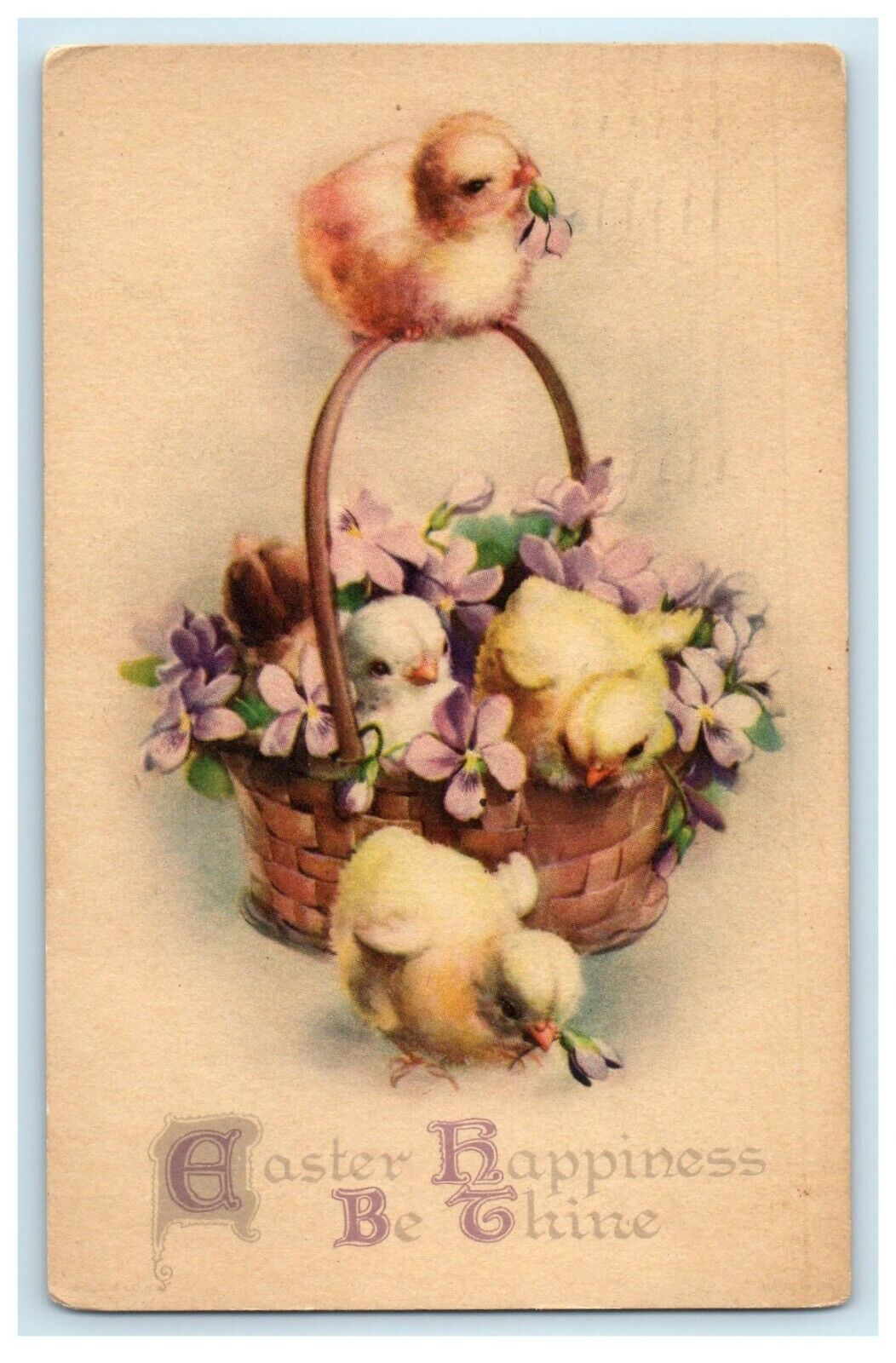 1929 Greetings Easter Happiness Chicks And Flowers In Basket Antique Postcard