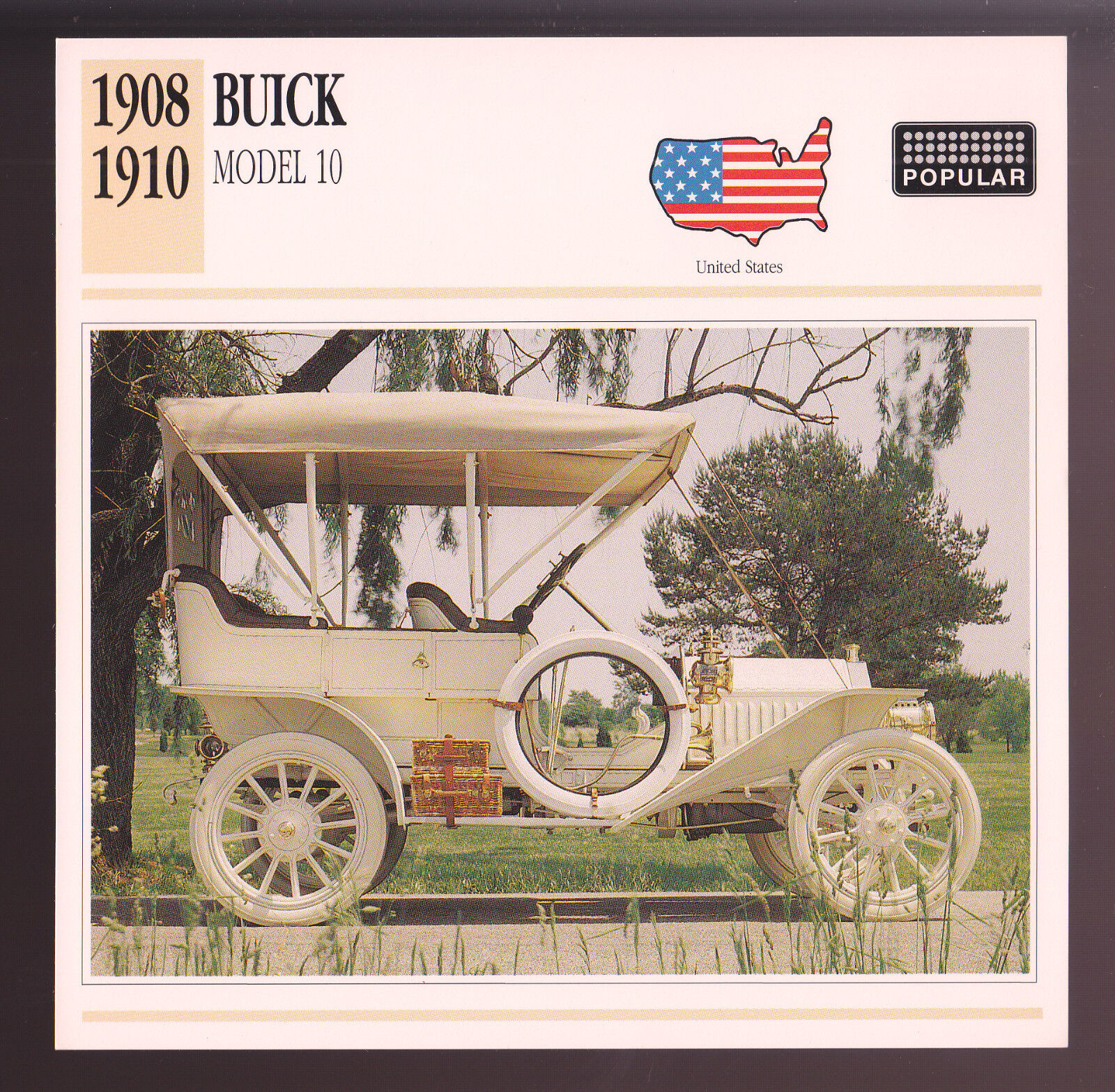 1908 1909 1910 Buick Model 10 Tourer Car Photo Spec Sheet Info Stat ATLAS CARD