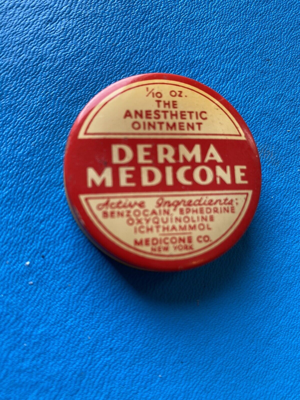 Vintage Derma Medicone Anesthetic Ointment Medical Advertising Tin New York