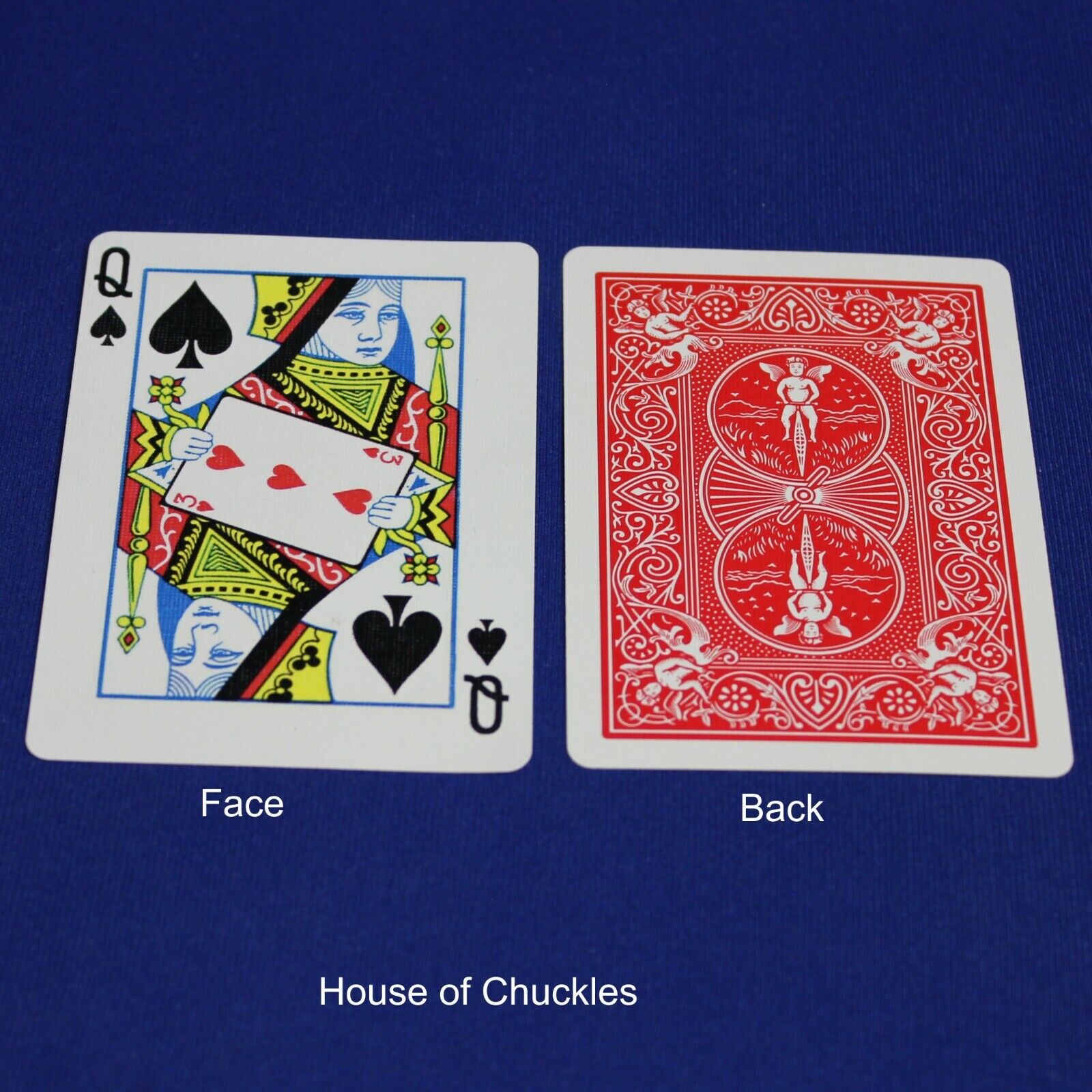 Queen of Spades reveals 3 of Hearts - Red Bicycle Gaff Playing Card