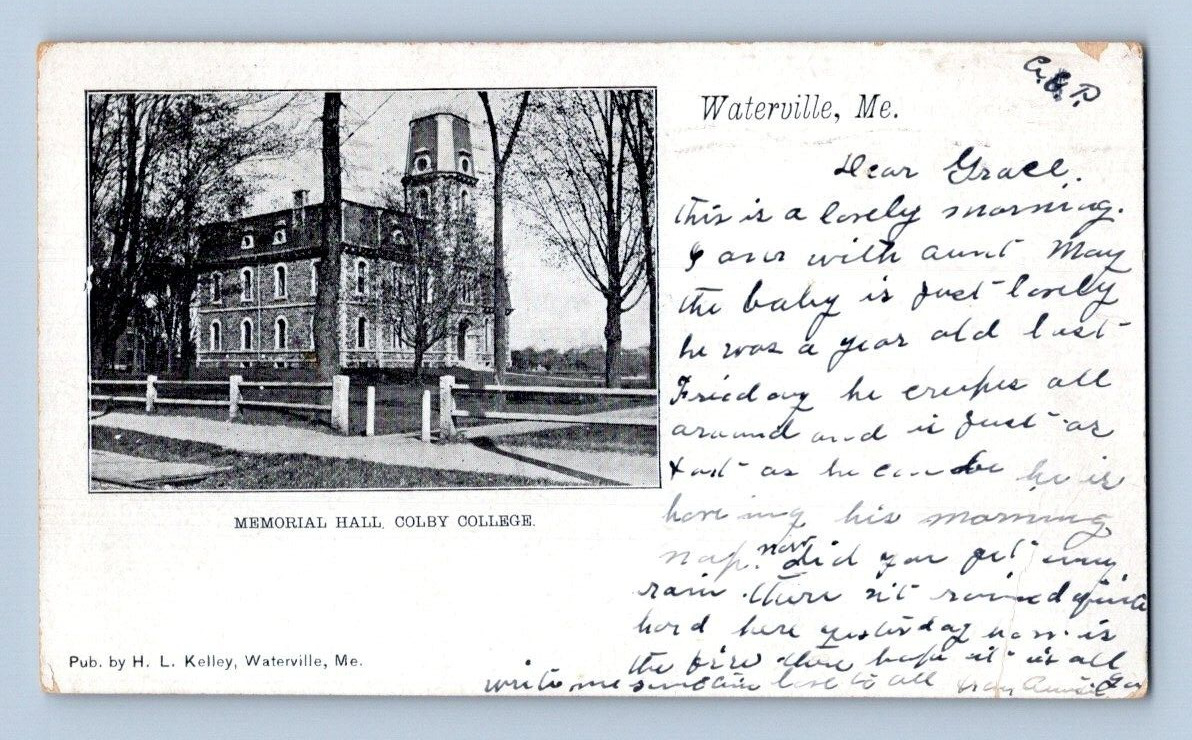 1908. MEMORIAL HALL, COLBY COLLEGE. WATERVILLE, MAINE. POSTCARD EE19