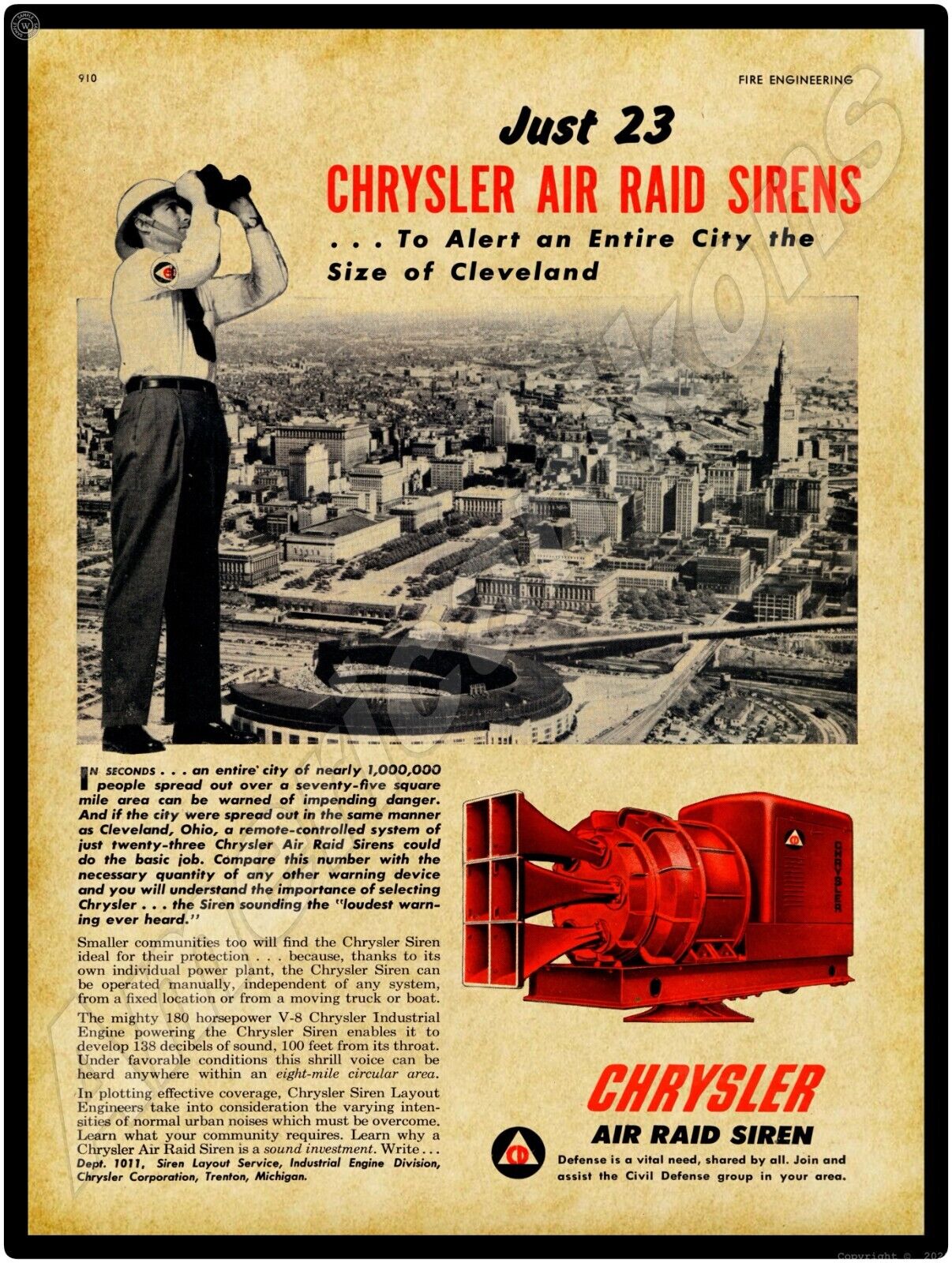 1952 Style Chrysler Air Raid Siren - In Cleveland Metal Sign: 12x16\