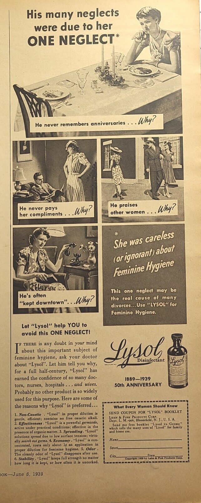 Lysol Disinfectant Don't Neglect Femanine Hygeine Vintage Print Ad 1939