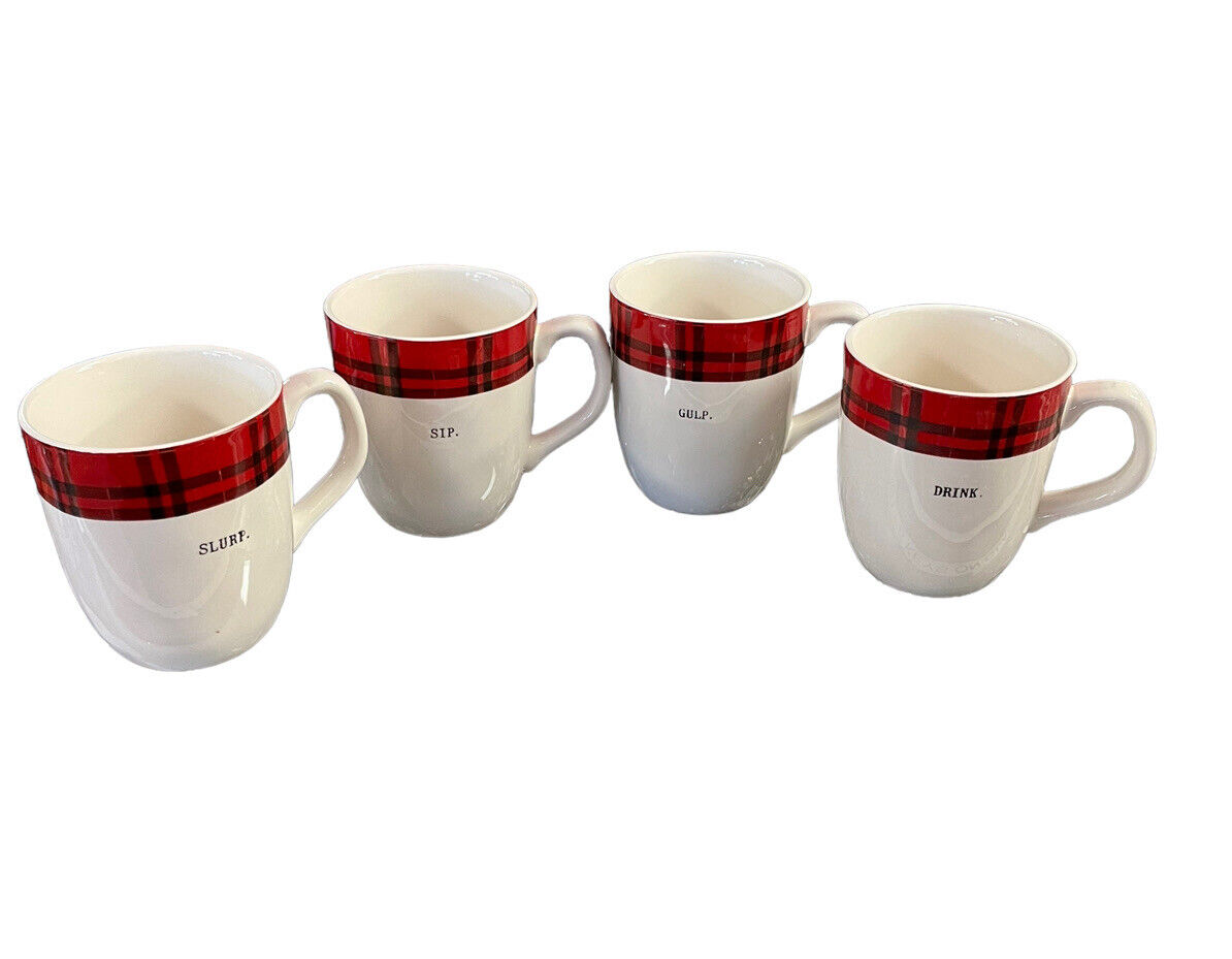 SET OF 4 Rae Dunn DRINK SLURP SIP GULP Coffee Mugs Cups Christmas Red Plaid Rim