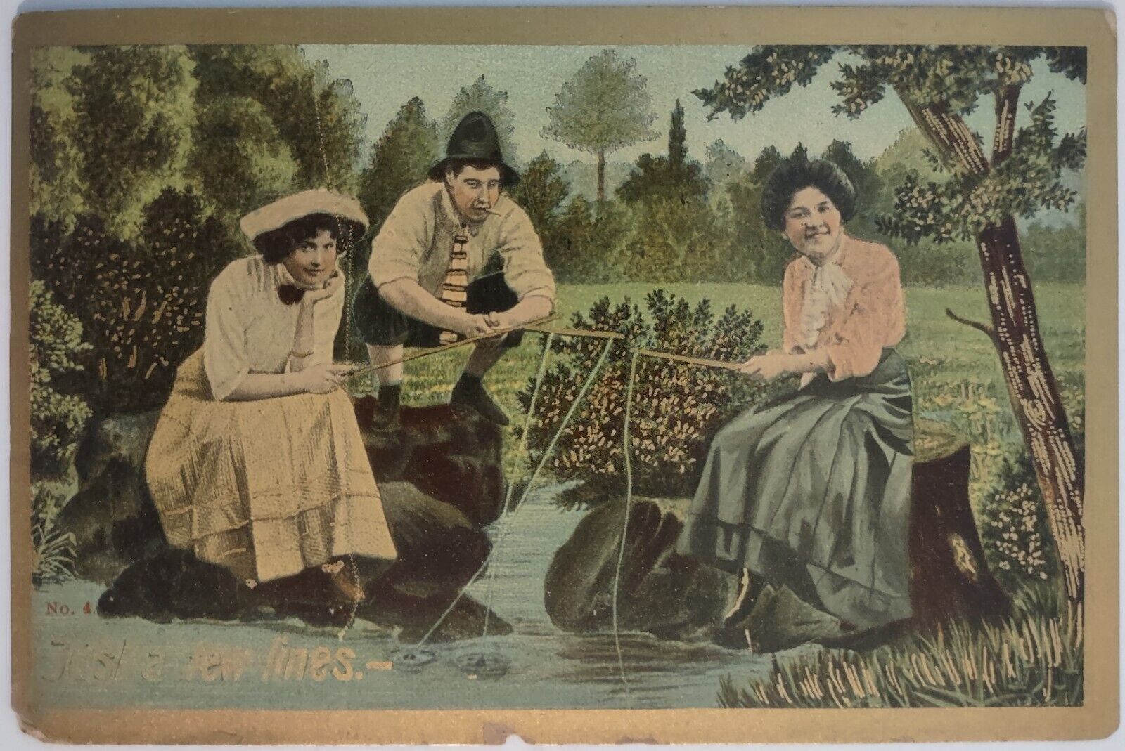 Vintage Postcard Fishing Humor Cane Pole Gold Gilt 1909