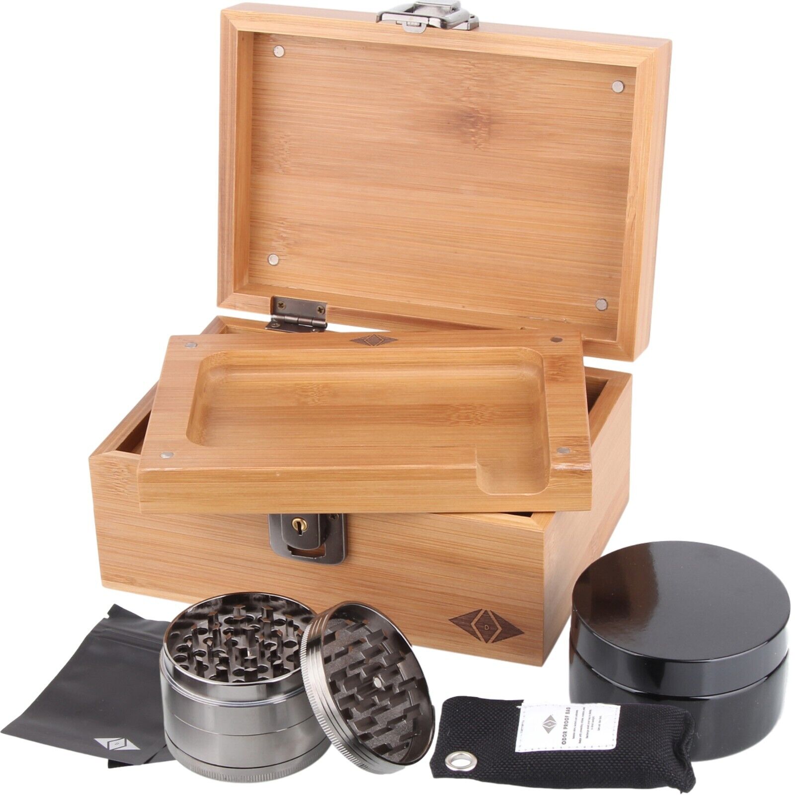 Premium Bamboo Smell Proof Stash Box with Lock - Storage Kit with Accessories