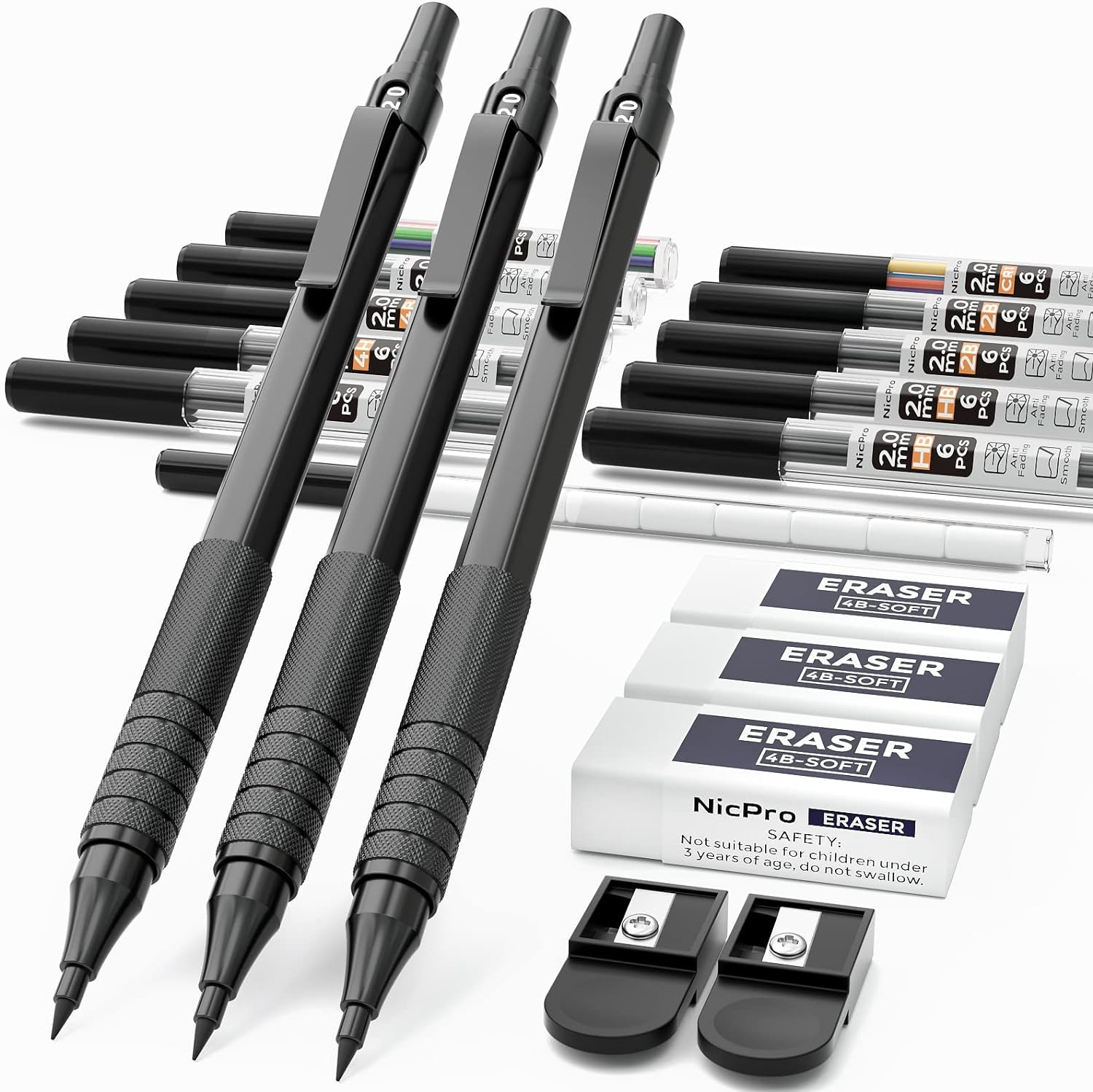 Nicpro Black Metal 2.0 Mechanical Pencil Set with Case, 3 PCS Drafting Lead with
