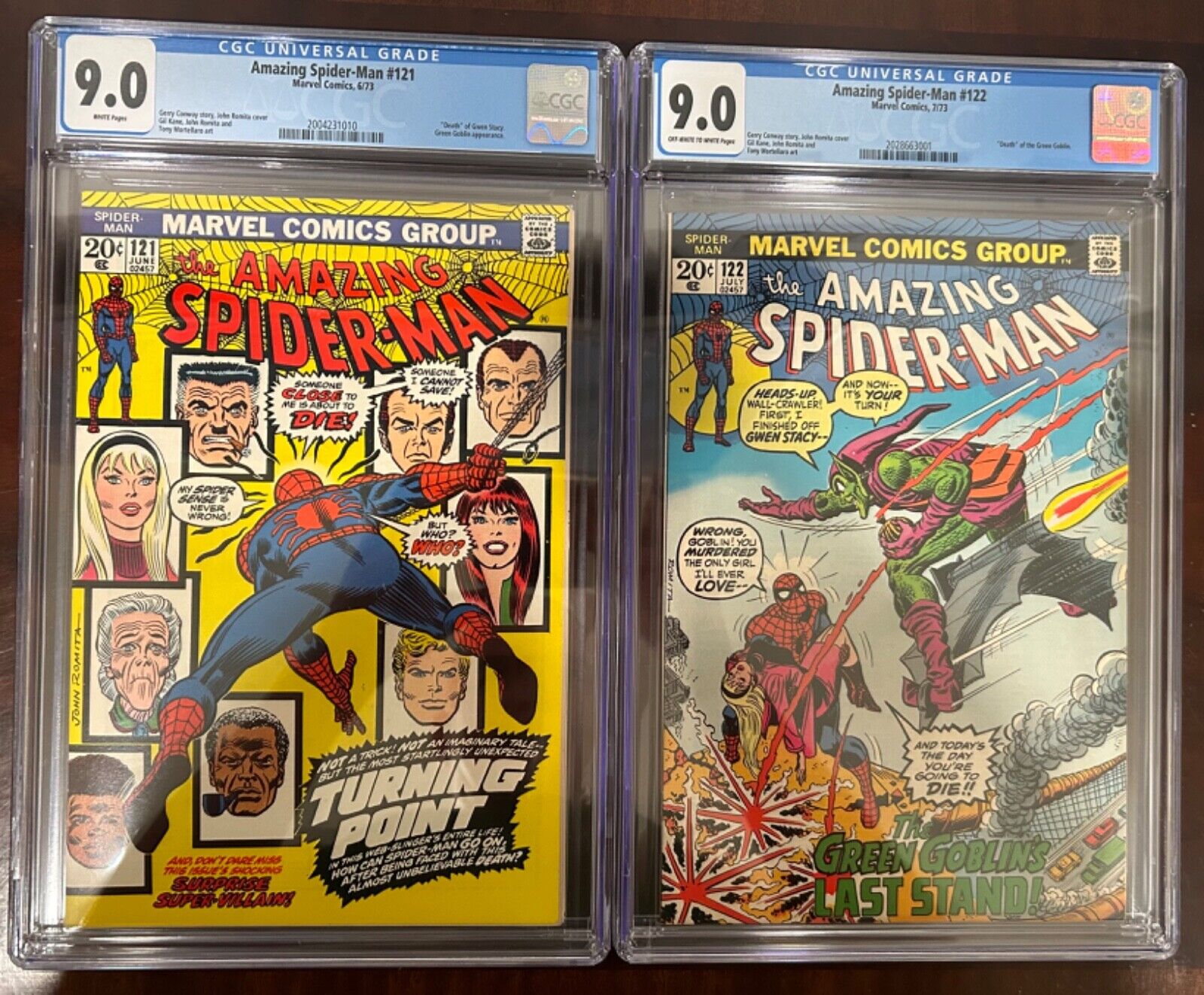 Amazing Spider-Man 121 and 122.  Both CGC 9.0  Gwen Stacy Death  1973.  Romita