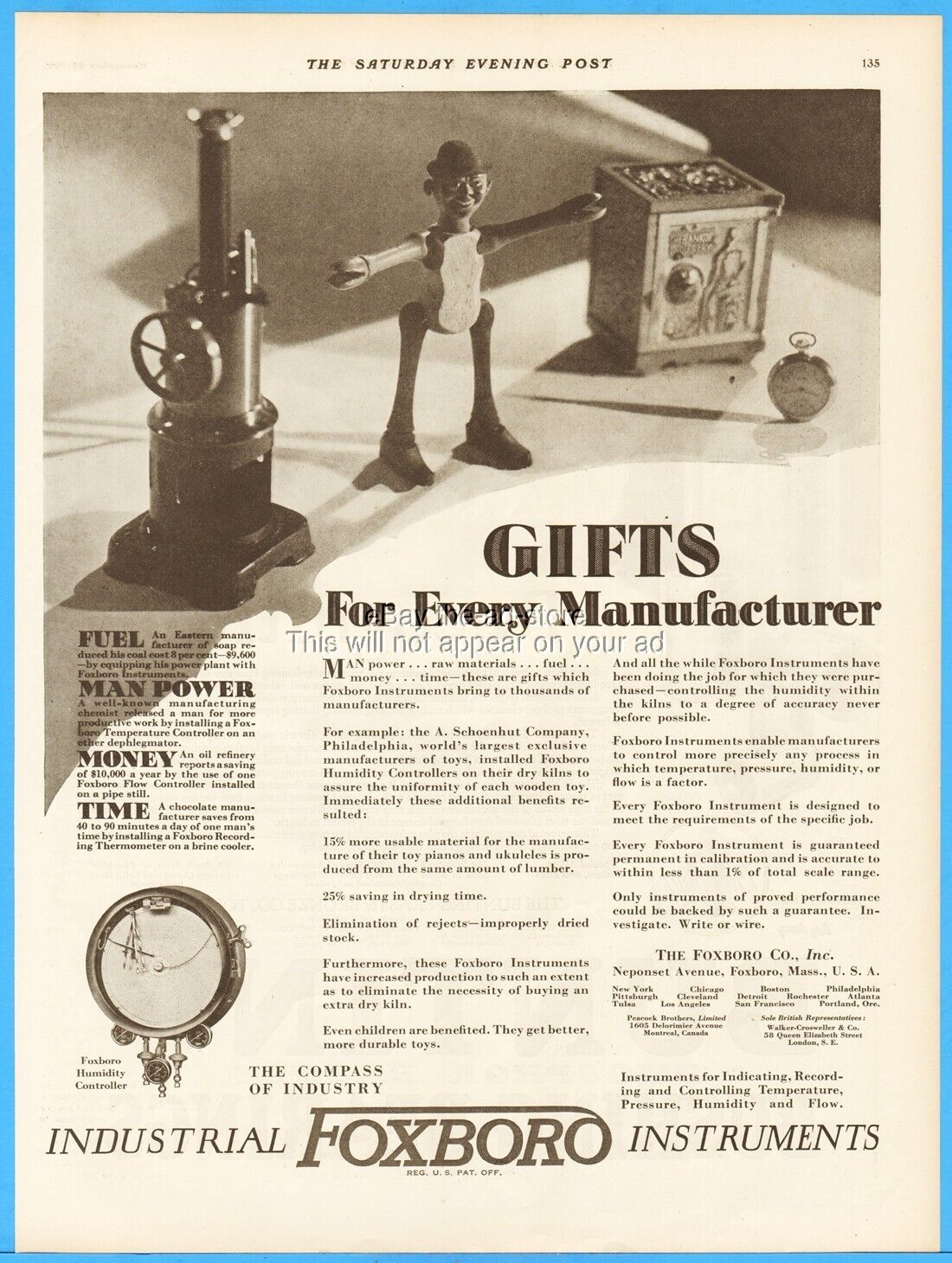 1927 Foxboro Co MA Ad A Schoenhut Toys Philadelphia PA Humidity Controller